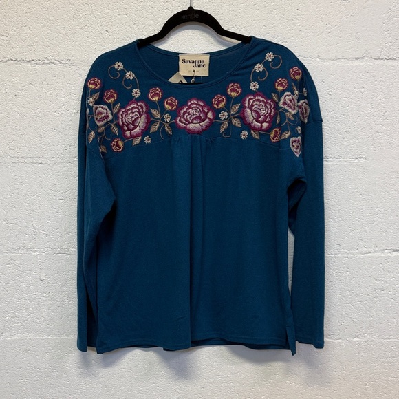 Savanna Jane Tops - Savanna Jane Teal Long Sleeve with Pink Floral Embroidery NWT